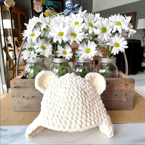 Teddy Bear Hat•NEW•Hand-Knitted Baby Hat•Softest Ivory Yarn•Little Ear Flaps•OS - Picture 2 of 6